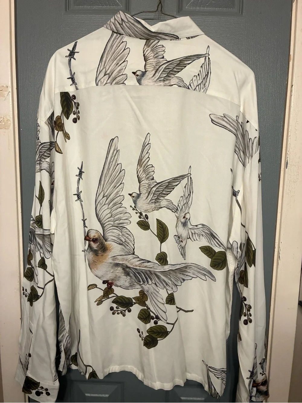Men's White Bird-Print Button-Down Shirt